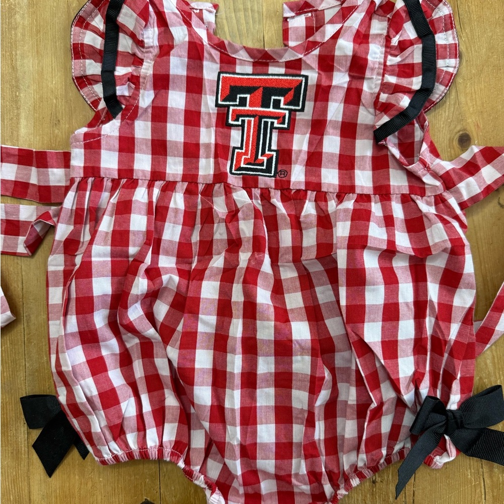 Texas Tech Red and White Gingham Bubble with tie back detail